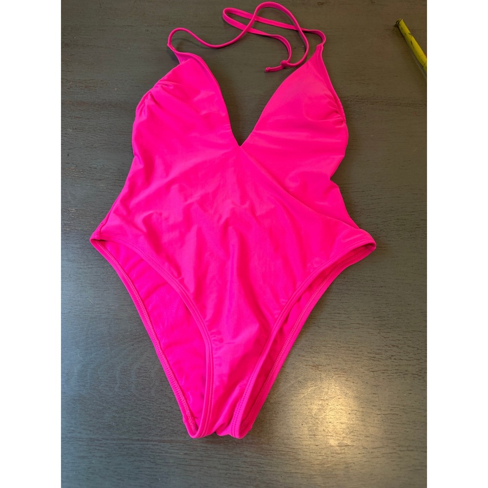Xhilaration Neon Pink One Piece Swimsuit Plunge V-Neck Low Back Size M